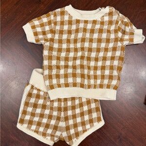 Gingham Knit Short Sleeve Top & Shorts Set in Cream and Mustard